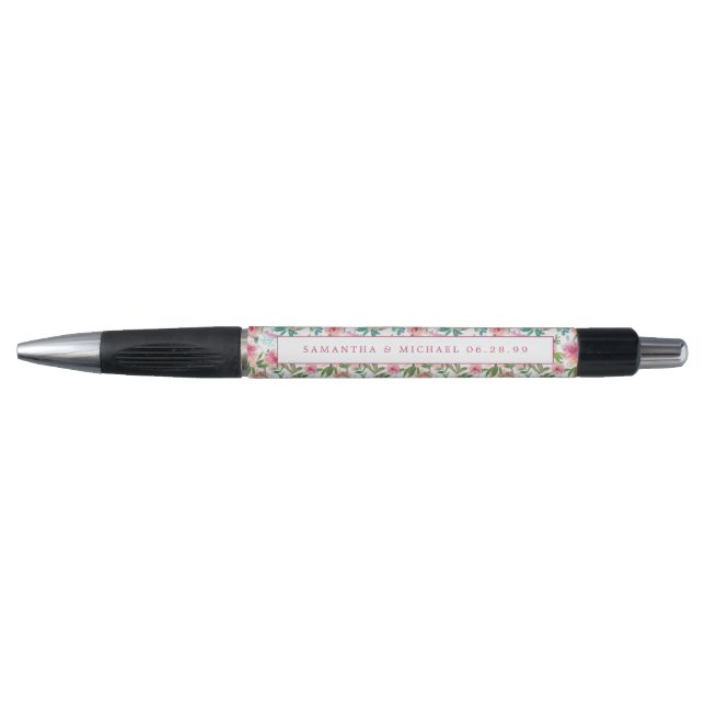 DIY Pink Floral Wedding Favor Personalized Pen (Front)