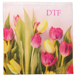 DIY Pink Monogram/Name, Pink & Yellow Tulips Cloth Napkin