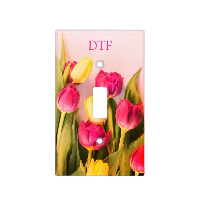 DIY Pink Monogram/Name, Pink & Yellow Tulips Light Switch Cover (Front)