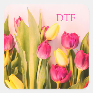 DIY Pink Monogram/Name, Pink & Yellow Tulips Square Sticker