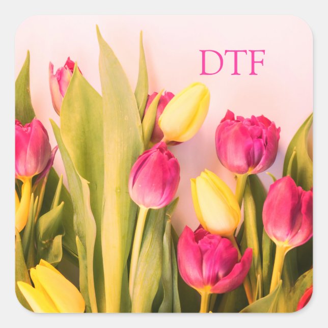 DIY Pink Monogram/Name, Pink & Yellow Tulips Square Sticker (Front)
