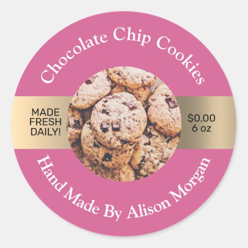 DIY Product Label Photo Name Info Pink  Gold Classic Round Sticker