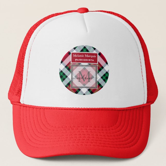 DIY Red And Green Plaid Patterns Monogram  Trucker Hat (Front)