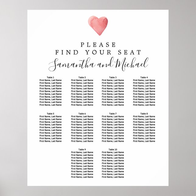 DIY Red Heart 10-Table Wedding Seating Chart (Front)