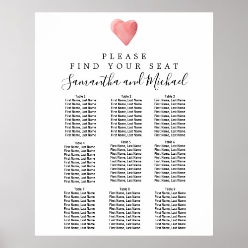 DIY Red Heart 9_Table Wedding Seating Chart