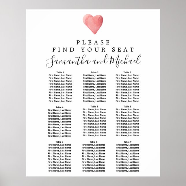 DIY Red Heart 9-Table Wedding Seating Chart (Front)