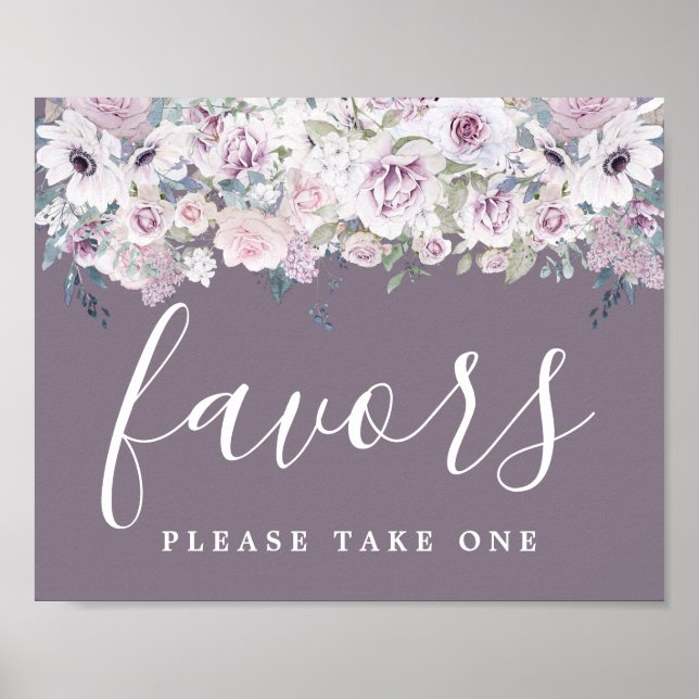 DIY Rustic Purple White Floral Wedding Favor Sign (Front)