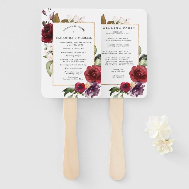 DIY Rustic Red Floral Wedding Program Hand Fan (Front and Back)