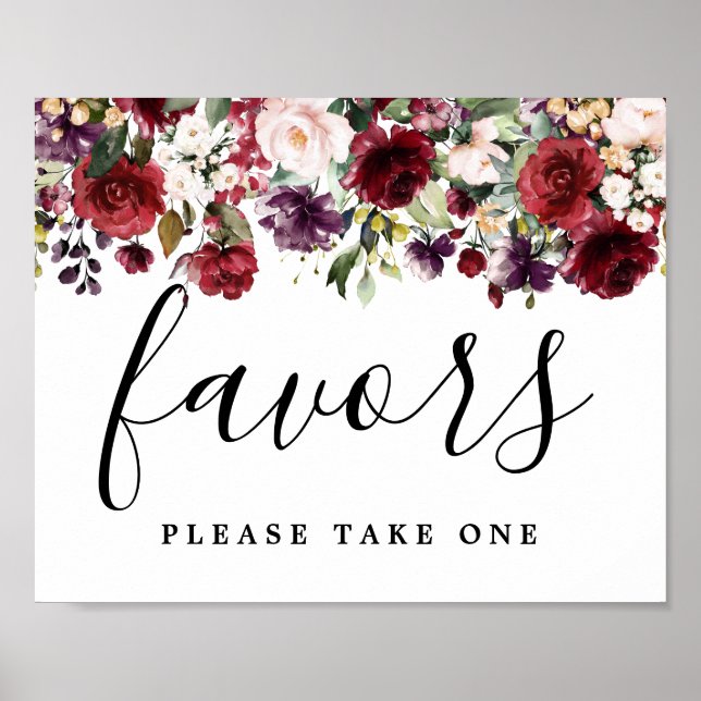 DIY Rustic Red Pink Floral Wedding Favor Sign (Front)