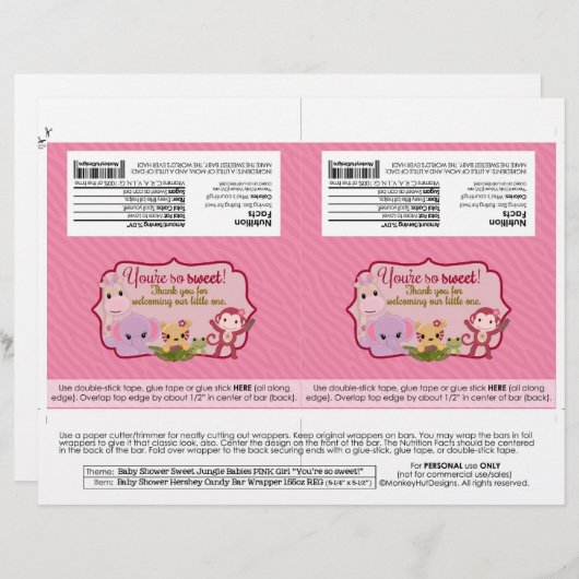 DIY Sweet Jungle Babies 1.55oz Candy Bar Wrappers (Front/Back)