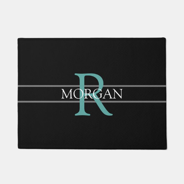 DIY Teal Monogram, White Name, Black, Grey Stripes Doormat (Front)