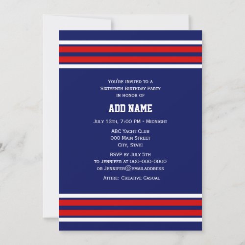 DIY Team Jersey Stripes Red White Navy Invitation