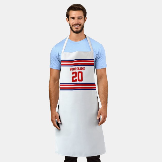 DIY Team Jersey Stripes White Navy Red Apron (Worn)