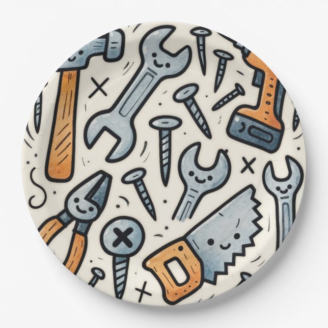 DIY Tools Doodle Cartoon Paper Plates (Front)