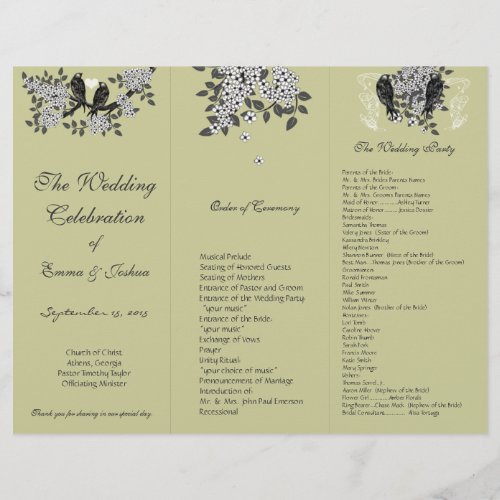 DIY Vintage Birds Branch TriFold Wedding Program