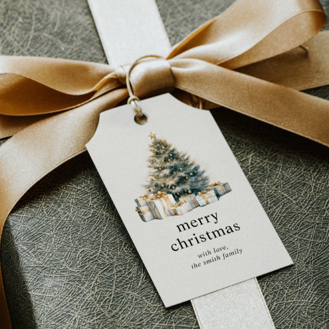 DIY WATERCOLOR CHRISTMAS TREE HOLIDAY GIFT TAG (ELEGANT WATERCOLOR CHRISTMAS TREE WITH PRESENTS GOLD WHITE GREEN DIY CHEAP FAMILY NAME CUSTOM )