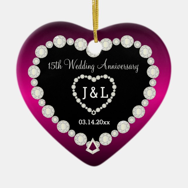 DIY Wedding Anniversary in Fuchsia & Faux Diamonds Ceramic Ornament (Front)
