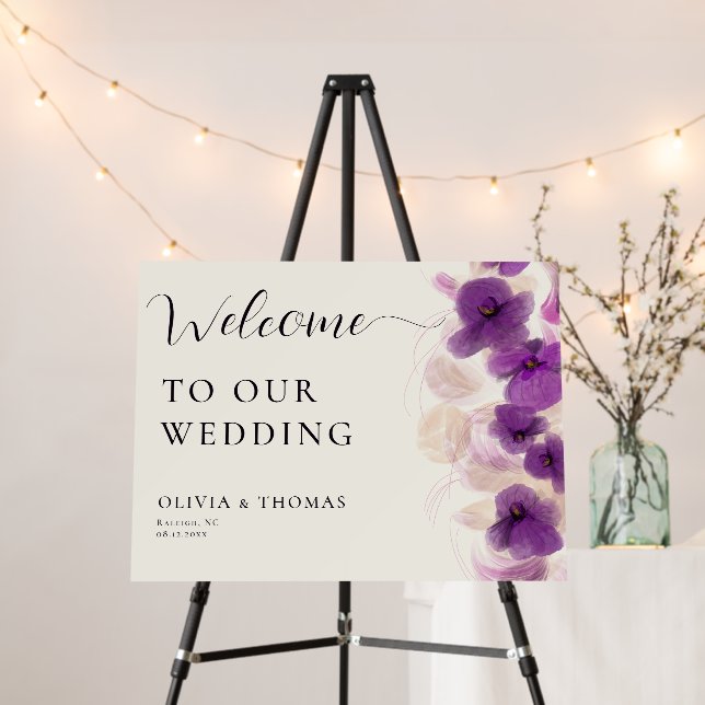 Diy Wedding Welcome Sign Flowers Purple Orchids (In Situ (Stand))