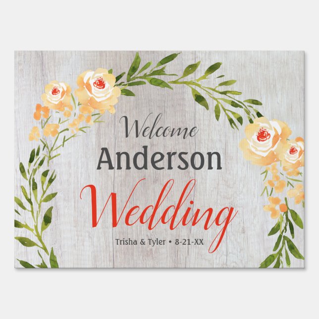 DIY Welcome Name Date Peach Flowers WhWood Wedding Sign (Front)