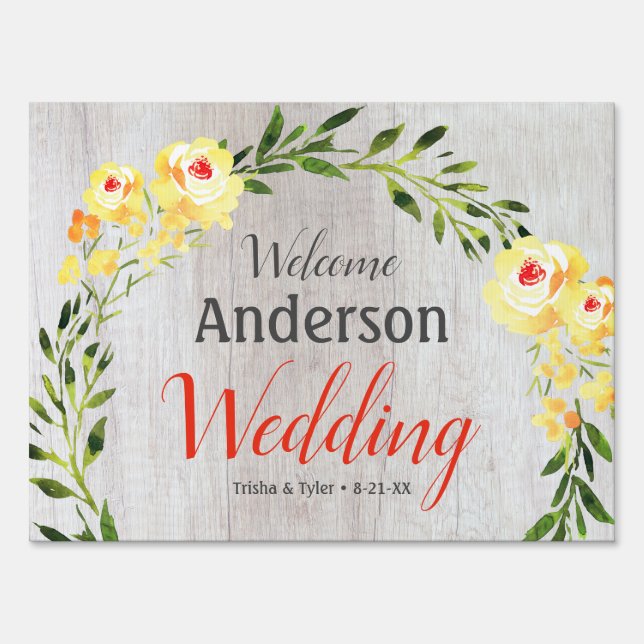 DIY Welcome NamesDate Yel Flowers Wht Wood Wedding Sign (Front)