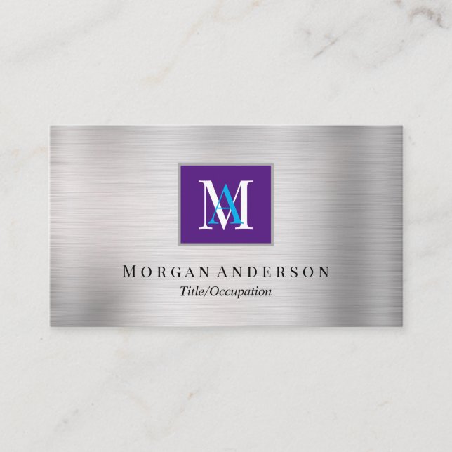 DIY White/Blue Monogram Name, Royal Purple& Silver Business Card (Front)