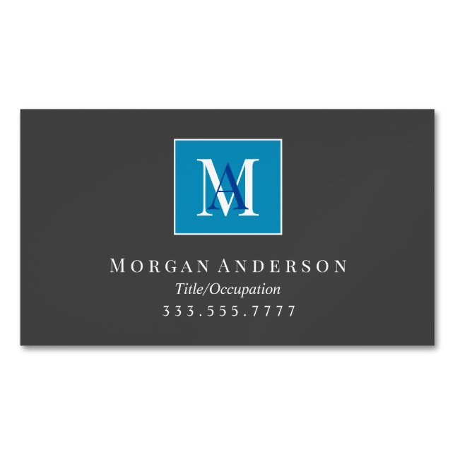 DIY White/Blue Monogram & Name, White Frame, Black Business Card Magnet (Front)