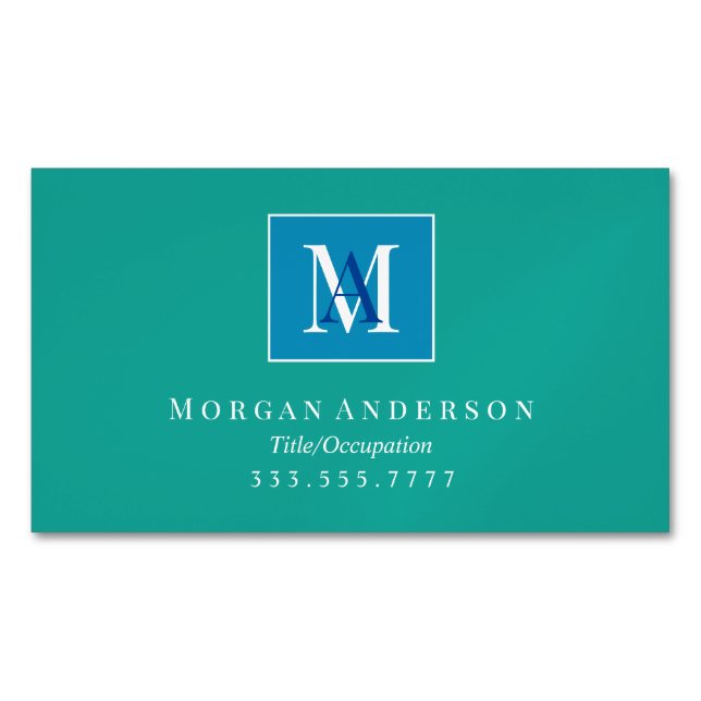 DIY White/Blue Monogram Name White Frame, Teal Business Card Magnet (Front)
