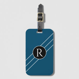 DIY White Monogram Circle Lines, Ocean Blue Black Luggage Tag