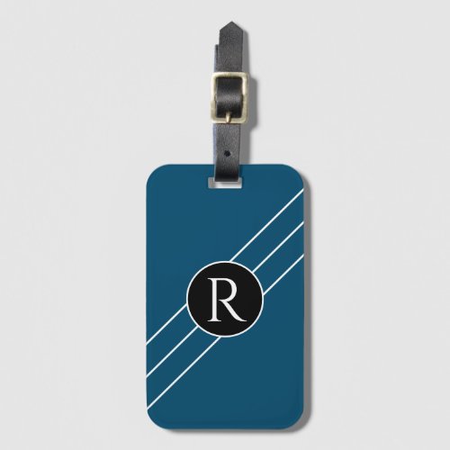 DIY White Monogram Circle Lines Ocean Blue Black Luggage Tag