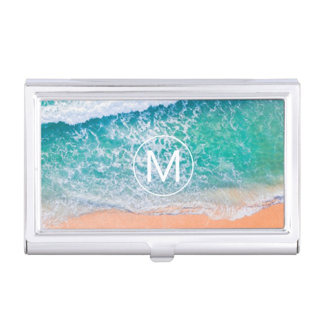 DIY White Monogram in Circle, Beach Waves Business Card Case (Front)