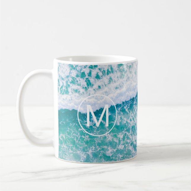 DIY White Monogram in Circle, Beach Waves Coffee Mug (Left)