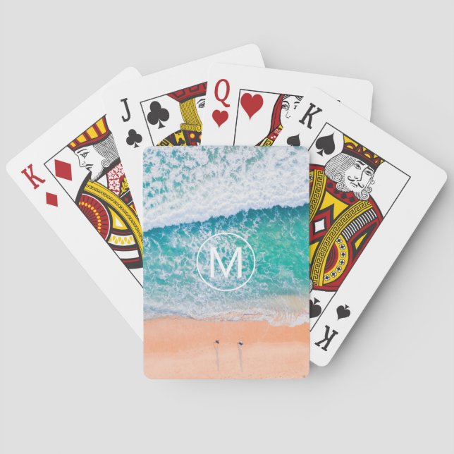 DIY White Monogram in Circle, Beach Waves Poker Cards (Back)