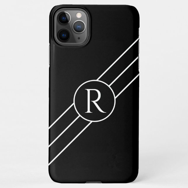 DIY White Monogram in Circle, Diagonal Lines Black iPhone Case (Back)