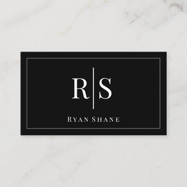 DIY White Monogram & Name, Border, Black & Silver Business Card (Front)