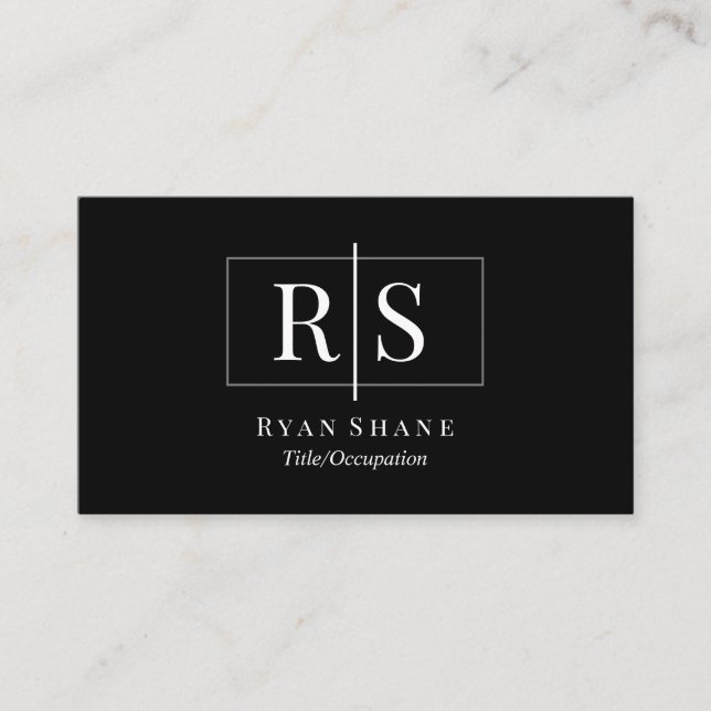 DIY White Monogram Name Grey Box, Black/Grey Bkgd Business Card (Front)