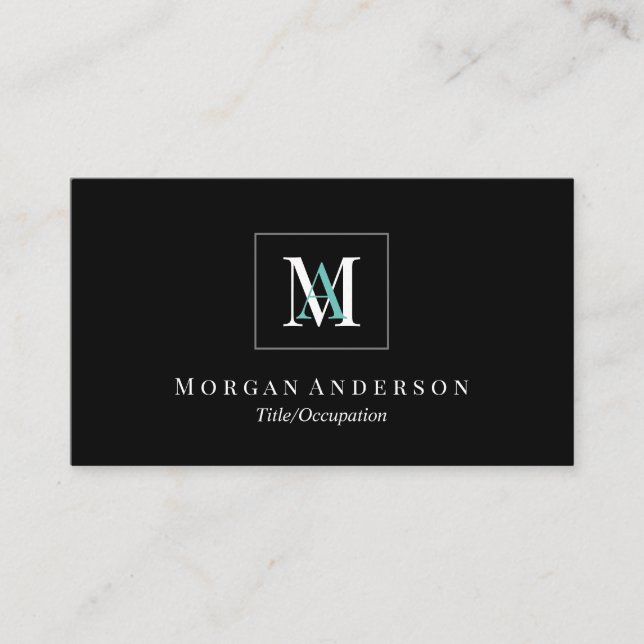 DIY White/Teal Monogram Name Grey Box Black/Silver Business Card (Front)