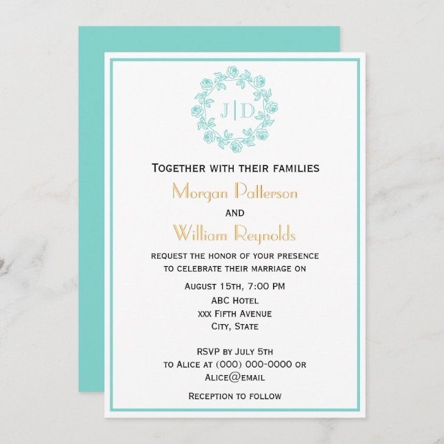 DIY Wreath of Roses 2 Initial Wedding Monogram CO2 Invitation (Front/Back)