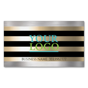 DIY Your Logo Gold Brushed Steel & Black Stripes Business Card Magnet