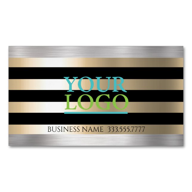 DIY Your Logo Gold Brushed Steel & Black Stripes Business Card Magnet (Front)
