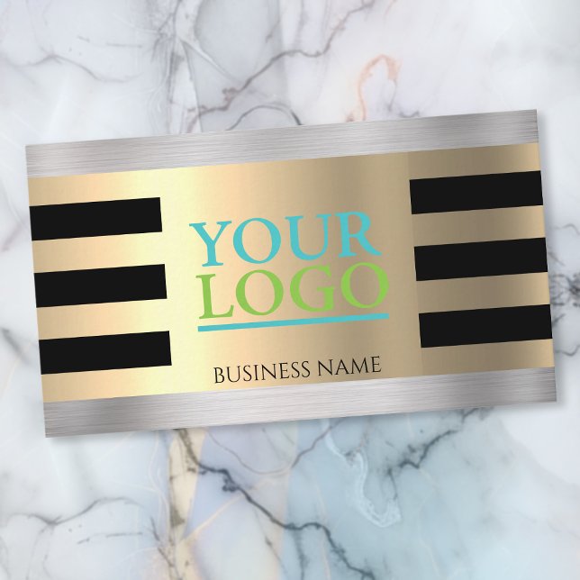 DIY Your Logo Yel Gold Brushed Silver Blk. Stripes Business Card (Creator Uploaded)