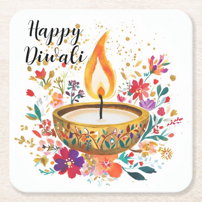 Diya of Devotion Square Paper Coaster (Front)