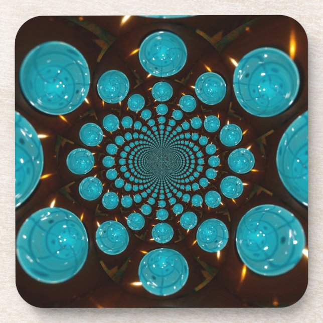 Dizzying Display of Cyan Lights Kaleidoscope  Art Beverage Coaster (Front)