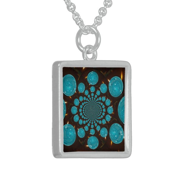 Dizzying Display of Cyan Lights Kaleidoscope  Art Sterling Silver Necklace (Front Left)