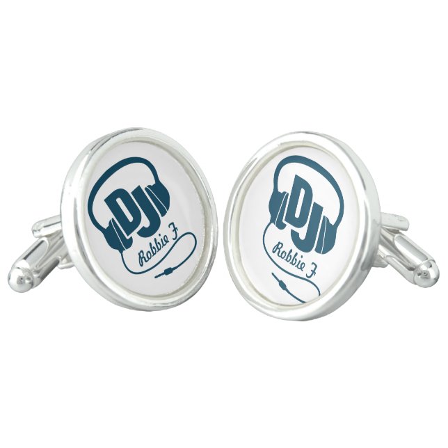 DJ blue teal on white headphones cufflinks (Angled)