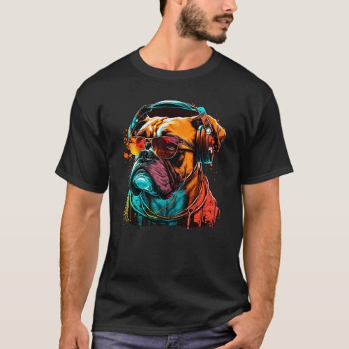 Dj Bulldog With Headphones And Sunglasses T_Shirt