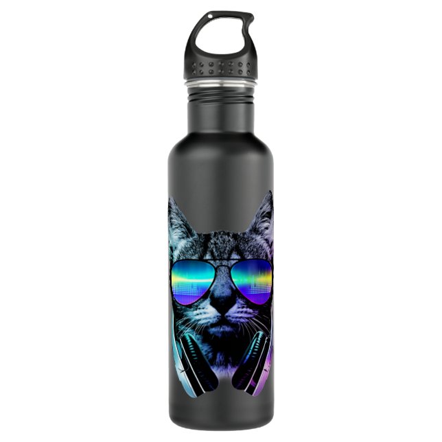 Dj Cat Headphones Stainless Steel Water Bottle (Front)