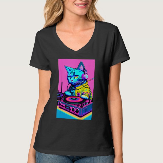 DJ Cat Headphones Turntable DJ Mixer Dreamwave Sty T-Shirt (Front)