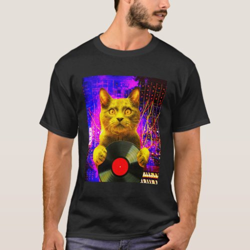 Dj Cat On Synthesizer In Space Vinyl Record Turnta T_Shirt