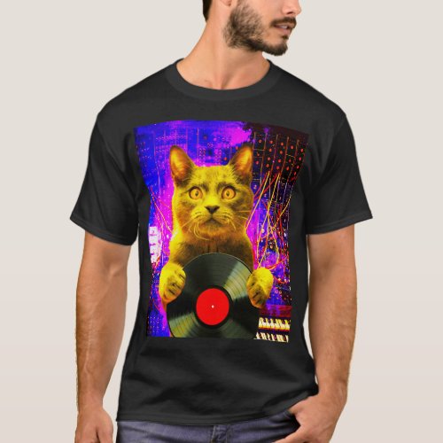 Dj Cat On Synthesizer In Space Vinyl Record Turnta T_Shirt
