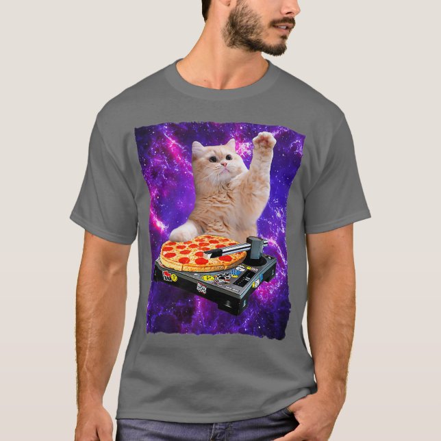 DJ Cat Shirt Cat DJ Pizza EDM Music Cute White (Front)